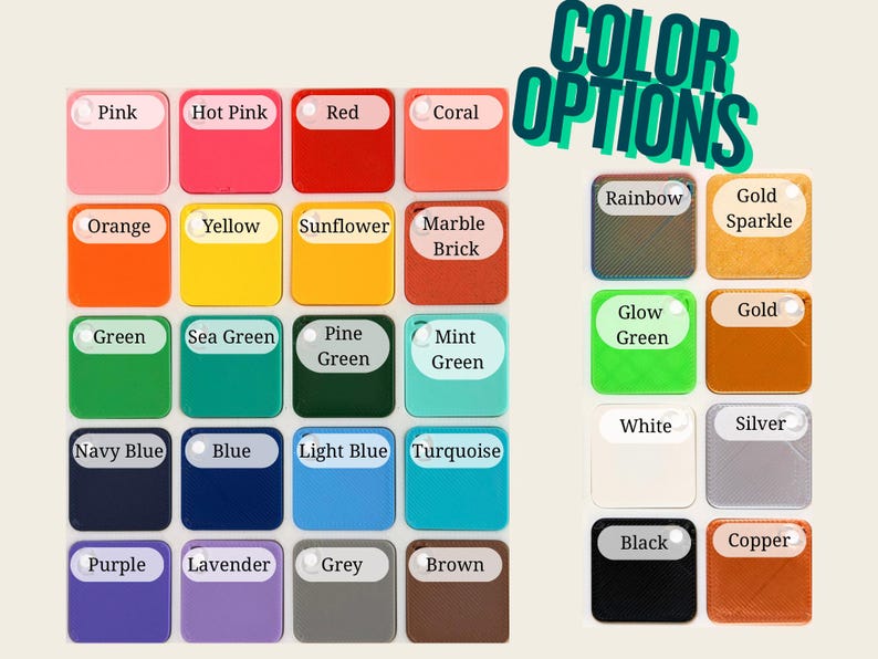 Puede incluir: Una cuadr&iacute;cula de muestras de color con etiquetas, que incluyen rosa, rojo, naranja, amarillo, verde, azul, morado y m&aacute;s. El texto "OPCIONES DE COLOR" se muestra en un color turquesa. Opciones de color adicionales incluyen arco&iacute;ris, brillo dorado y cobre.