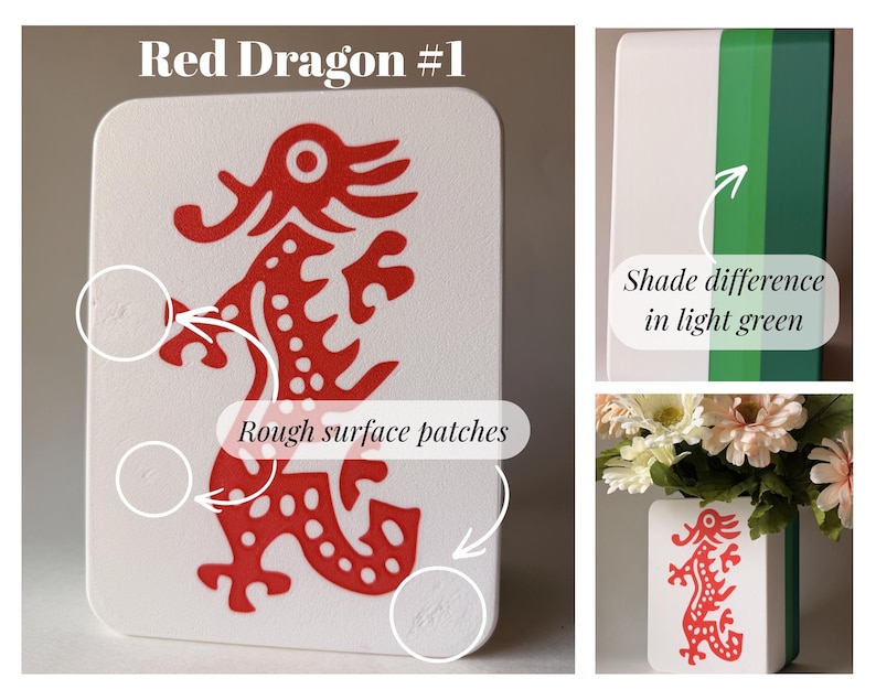 May include: A white rectangular block featuring a red dragon graphic and the text Red Dragon #1. The block displays rough surface patches and a side panel with varying shades of green. A small bouquet of artificial flowers sits behind the block.