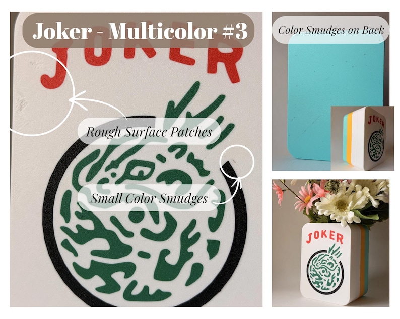 May include: A white rectangular block with the red text JOKER and a circular green graphic. The block features rough surface patches, small color smudges, and a turquoise back. It is shown as a container holding a bouquet of artificial flowers.