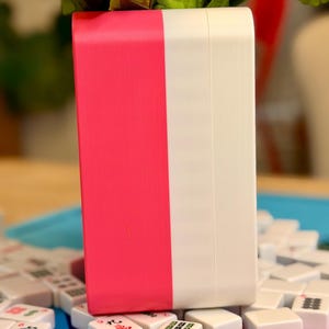 Puede incluir: Una caja rectangular de dos tonos, mitad rosa brillante y mitad blanca, se encuentra entre fichas de Mahjong blancas. Las fichas tienen s&iacute;mbolos rojos y verdes. Hojas verdes y flores blancas son visibles en el fondo.