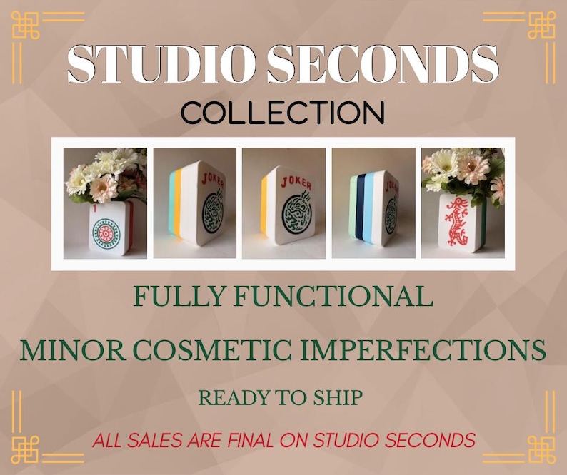 May include: A collection of five rectangular vases designed to resemble mahjong tiles, featuring various colorful patterns and symbols including a red dragon and the word JOKER. The text STUDIO SECONDS COLLECTION, FULLY FUNCTIONAL, MINOR COSMETIC IMPERFECTIONS, READY TO SHIP, and ALL SALES ARE FINAL ON STUDIO SECONDS is displayed.