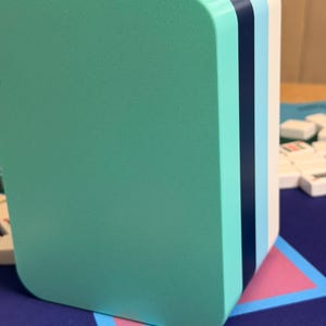 Puede incluir: Un organizador rectangular multicolor con esquinas redondeadas. El frente es de color turquesa s&oacute;lido, con rayas verticales de color turquesa, azul marino, azul claro y blanco en el lateral. El organizador se encuentra sobre una superficie azul con un tri&aacute;ngulo rosa y azul.
