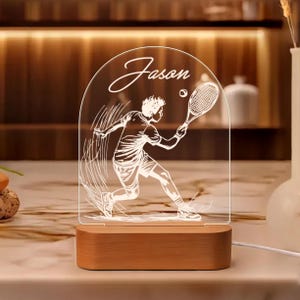 Tennis Night Light, Personalized Tennis Player Gift, Custom Engraved Tennis Ball Acrylic Lamp, USB LED Wooden Base Night Lamp, Sports Gift