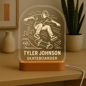 Skateboarder Custom Night Light Personalized LED Gift with Engraved Acrylic Design and Wooden Base
