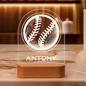 Custom Baseball Night Light, Personalized Sports Lamp, Engraved Acrylic LED Light with Wooden Base, Unique Gift for Sports Fans, Kids Room