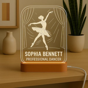 Dancer Custom Night Light Personalized LED Gift with Laser Engraved Acrylic and Wooden Base for Dance Lovers