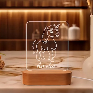 Unicorn Night Light for Kids, Custom Engraved LED Wooden Base, Personalized Plexiglass Lamp, Magical Bedroom Decor, Unique Gift Idea