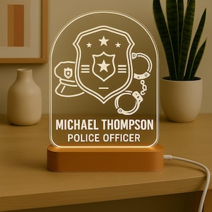 Police Officer Custom Night Light Personalized Gift with Laser Engraved Acrylic Design and LED Wooden Base