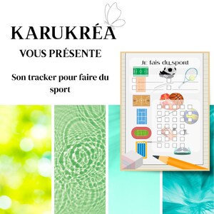 Könnte beinhalten: Ein farbenfroher Sport-Tracker mit dem Text "JE fais du sport" und verschiedenen Sport-Icons. Das Design umfasst einen Fußball, Tennisschläger, Basketball und andere Sportgeräte. Der Hintergrund zeigt einen Schmetterling und den Text "KARUKRÉA VOUS PRÉSENTE Son tracker pour faire du sport."