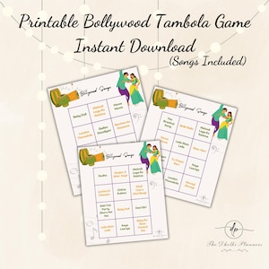 Canciones de Bollywood Bingo Tambola / Juego Mehndi & Dholki / Juego Shaadi paquistaní indio / Housie imprimible + Enlace de clips de canciones