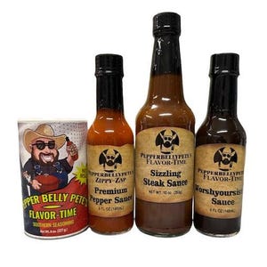 May include: A set of four Pepperbelly Pete's Flavor-Time products: a 10 oz bottle of Sizzling Steak Sauce, a 5 fl oz bottle of Worshyourself Sauce, a 5 fl oz bottle of Premium Pepper Sauce, and an 8 oz container of Southern Seasoning. The bottles have black caps and labels with a cartoon character and the brand name.