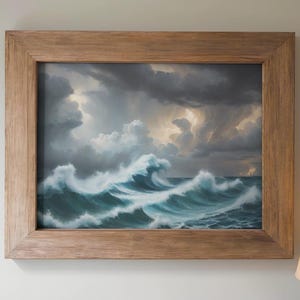 May include: A framed seascape painting depicts large ocean waves crashing under a stormy sky. The artwork features shades of teal, white, and gray, with a natural wood frame. The painting evokes a sense of power and the raw beauty of nature.