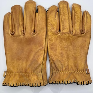Distressed Yellow Leather Gloves: Vintage Rider Work Gloves, Touchscreen