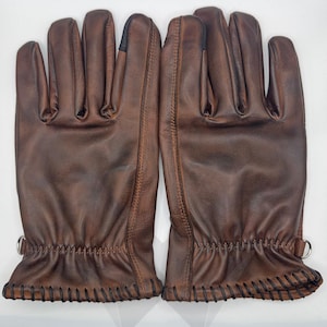 Chocolate Brown Vintage Leather Gloves: Touchscreen Motorcycle Work Gloves