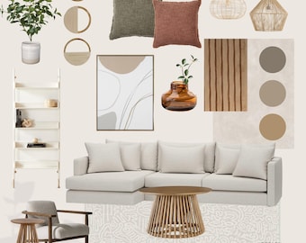 May include: A living room design mood board with a white sectional sofa, a wooden coffee table, a gray armchair, a white bookshelf, a brown vase with green plants, a framed abstract art print, a rug with a white and gray pattern, and a set of three round wooden wall decor pieces.
