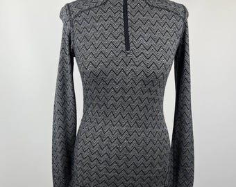 Smartwool Merino Wool Base Layer, Black Gray Chevron Ski Top (Size M)