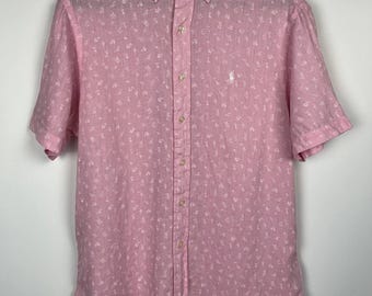 Ralph Lauren Men 100% Linen Short Sleeve Shirt Pink Floral Button Down Size M