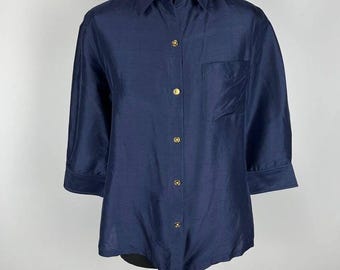Polo Ralph Lauren 100 Silk Blue Shirt Gold Button Front 100 Damen Blau Size 8 (0346)