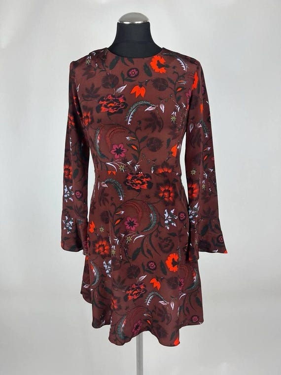 sandro dress burgundy Sandro Thina Ruffle-Trimmed Printed Satin Midi Dress Burgundy Fr 38 In  Merlot - 75% Off
