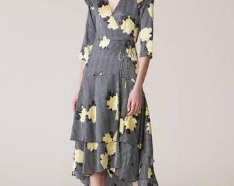 Ganni Calla Yellow Floral Silk Wrap Dress Assymetrical Ruffle Hem Size 36 (0263)