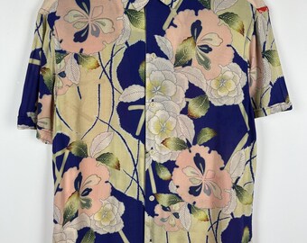 AllSaints Fuyugi Floral Kurzarm Hawaiihemd aus Viskose Blau Pink Gr. S