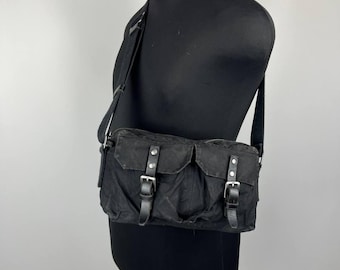 Ally Capellino British Waxed Cotton Shoulder Bag Double Buckle Pocket Black