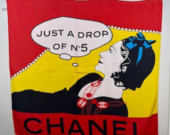 Vintage zijden Chanel-sjaal: popart "Just A Drop of N 5" komische stijl, Italië