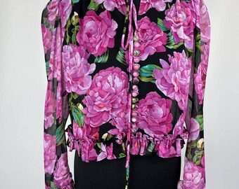 The Kooples Paris Chiffon Cropped Blouse Pink Floral Ruffled Mock Neck M