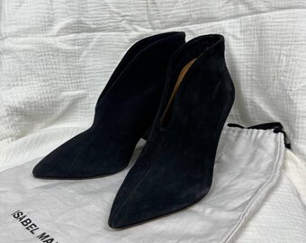 Isabel Marant Adenn Black Suede V-Neck Cone Heel Ankle Boots Size 37