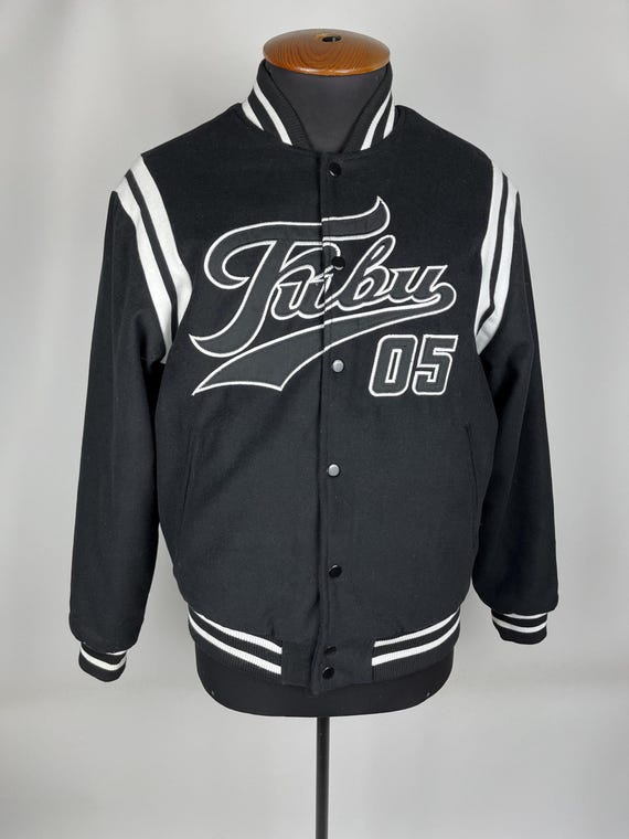 FUBU Wool Varsity Bomber Jacket Size L Men's Black Logo Spell Out