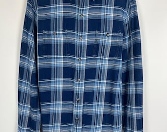 Polo Ralph Lauren Indigo Flannel Shirt - Blue Check Cat's Eye Button Workshirt L