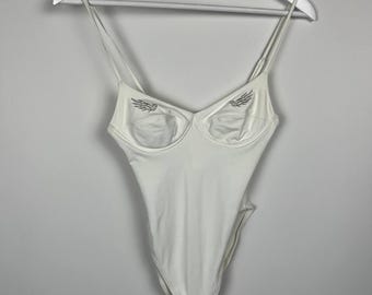 Mugler Angel Wings Rhinestone One Piece Swimsuit White Underwire Size S Flawed