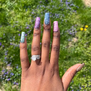 Rainbow Cat Eye Flower Gel Press On Nails, Medium Square, XS, S, M, L or Custom Sizing