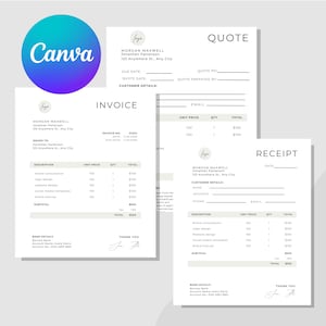 Può includere: Un set di tre documenti aziendali stampabili: una fattura, un preventivo e una ricevuta. Ogni documento presenta un design minimalista con un logo e uno sfondo beige. I documenti includono sezioni per i dettagli del cliente, le descrizioni, il prezzo unitario, la quantità e il totale. I documenti includono anche una sezione per i dettagli bancari e un messaggio di ringraziamento.
