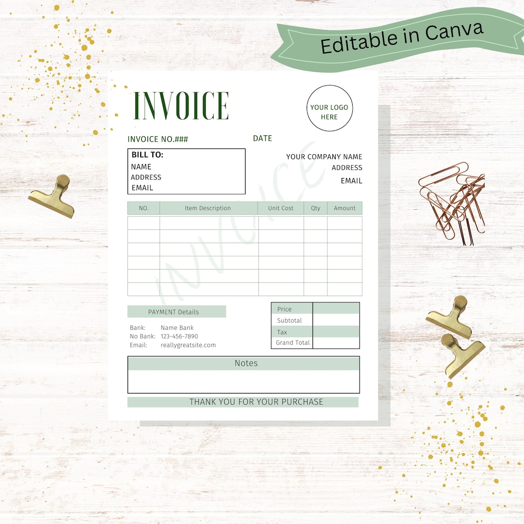 Editable Canva Invoice Template for Small Business Billing Forms ...