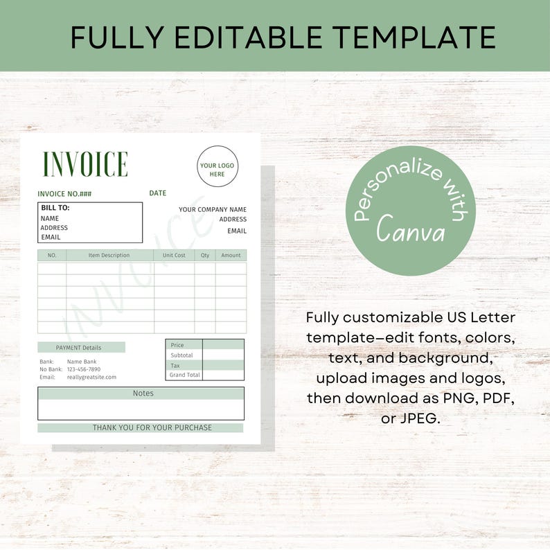 Editable Canva Invoice Template for Small Business Billing Forms ...