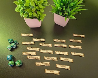 Shelf labels for board games or categories as desired for narrow shelves. Design banderole, self-adhesive.