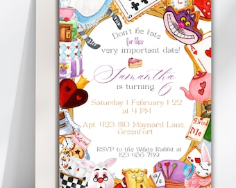 May include: Alice in Wonderland themed birthday party invitation with a white background and colorful illustrations of characters and objects from the story. The text reads "Don't be late for this very important date! Samantha is turning 6. Saturday | February | 22 at 4 PM. Apt. 423 1110 Maynard Lane. Greenfort. RSVP to the White Rabbit at 123-456-789."