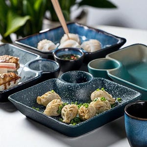 Japanese Ceramic Dumpling Plate with Sauce Divider – Sushi & Appetizer Dish for Soy Vinegar, Shrimp, Fries, or Holiday Tableware Gifts