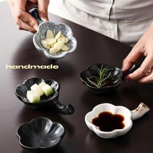 Japanese Soy Sauce Dish with Handle | Flower-Shaped Dipping Bowl | Asian Sushi Saucer | Chopstick Rest | Mother&#39;s Day Gift 2025