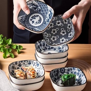 Japanese Sauce Plates – Set of 4 or 6 Ceramic Square Dipping Bowls, Sushi Soy Dish, Mustard Tomato Condiment Container, Holiday Kitchen Gift