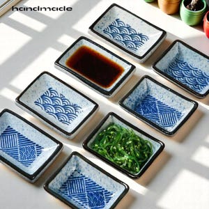 Handcrafted Blue Porcelain Sauce Dish | Soy Sauce Dish for Sushi, Dipping, Appetizers | Wave & Geometric Tray | Mother&#39;s Day Gift