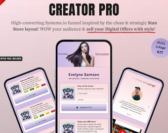 May include: A digital marketing template displayed on three smartphones. The template, titled "CREATOR PRO," features a pink and white design with the text "Evelyne Samson, Influencer | Feminine Coaching." The design includes a newsletter signup and a 3-page kit.