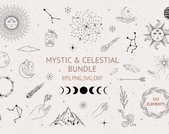 163 Hand Drawn Mystic & Celestial PNG Bundle | Spiritual Boho Witchy Clipart | Moons, Stars, Tarot, Hands | Commercial Use