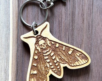 Laser Engraved Death Moth Keychain | Maple Hardwood Skull Moth Key Fob | Goth Occult Keyring | Halloween Accessory