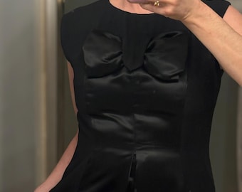 RARE Vintage Breakfast at Tiffany's style 1960s Bow Detail Black Satin Dress