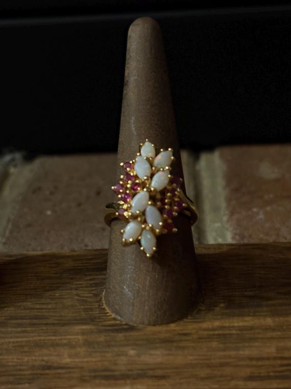 Vintage Mid Century 18k gold vermeil Opal and Rub… - image 1