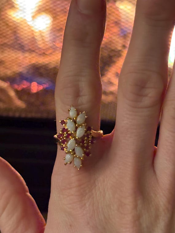 Vintage Mid Century 18k gold vermeil Opal and Rub… - image 2