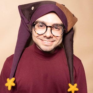 The Oakheart Fool – Upcycled Jester Hat with Stars and Buttons, Quirky Festival Accessory