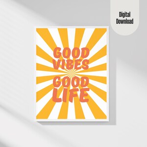 Decoración de dopamina | Póster Buenas Vibraciones - Decoración de Pared Retro | Imprimible | Afiche de mentalidad positiva | Arte de pared rosa | Imagen que dice amor propio